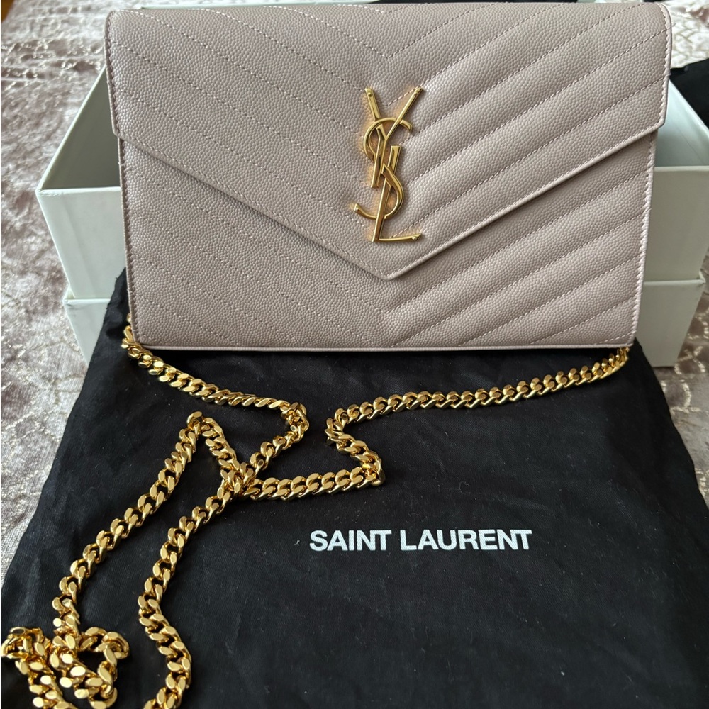 Yves Saint Laurent Powder Pink Quilted Clutch with Gold Chain